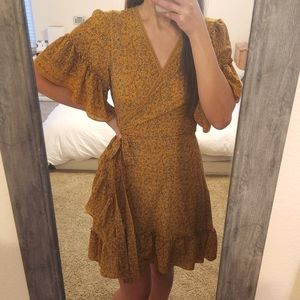 Yellow floral print wrap dress